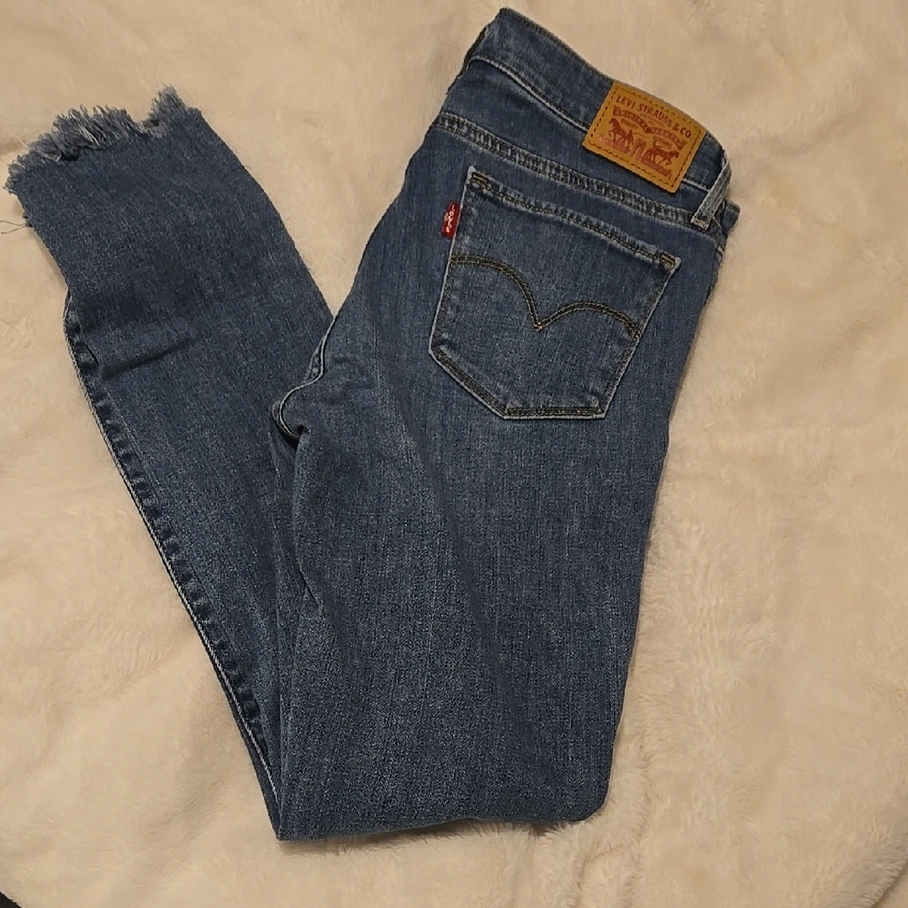 Levi's Blue Ankle Cropped Jeans with Distressed Hem